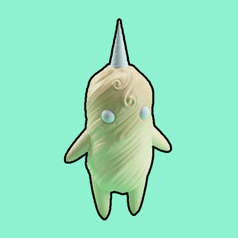 a cartoon character has a horn on top of it