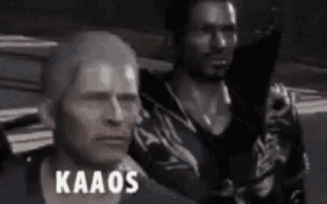 a couple of men standing next to each other with kaaos written on the bottom