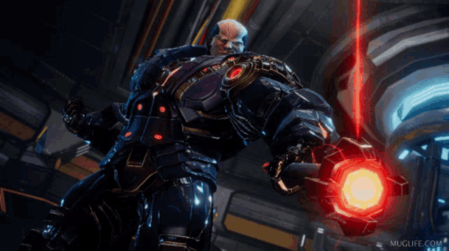 a video game character is holding a red object that says frrrt on it