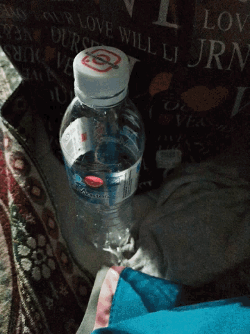 a bottle of water with the letter s on the top