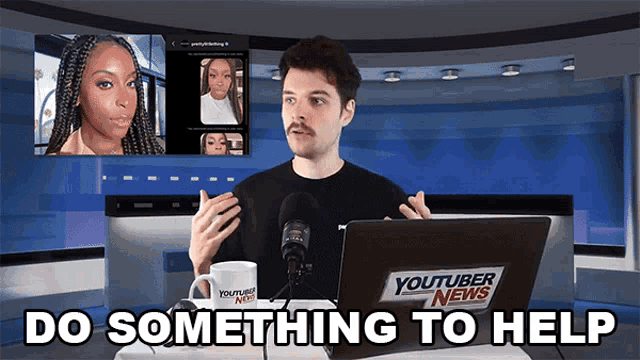 a man sitting at a desk with a laptop that says youtuber news