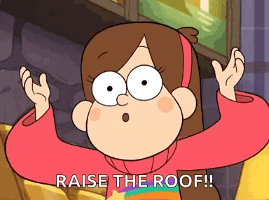 a cartoon character from gravity falls is raising her arms in the air .