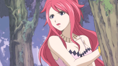 a girl with pink hair is standing next to a tree in a forest