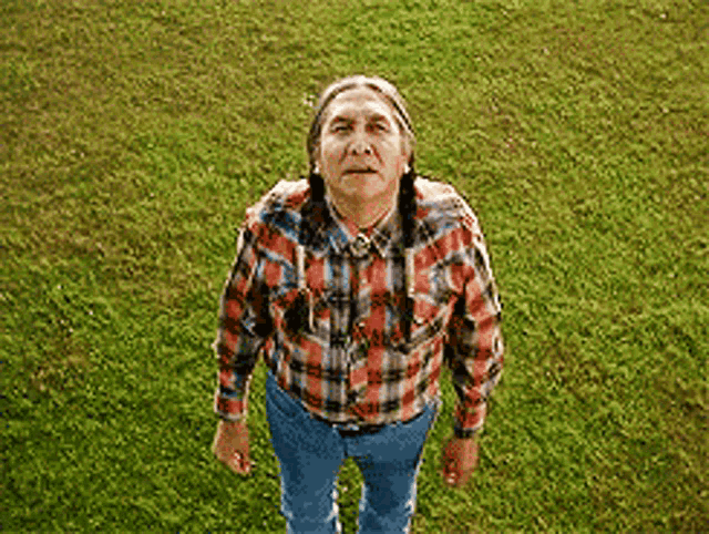 a man in a plaid shirt is standing in the grass looking up