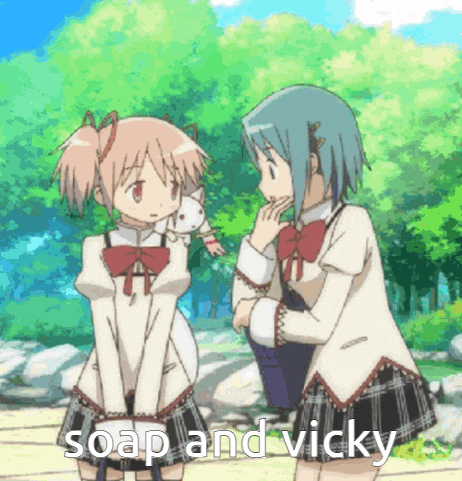 two anime girls are standing next to each other and the words soap and vicky are on the bottom