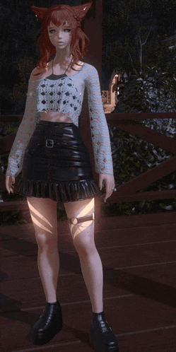 a woman with red hair is wearing a white top and black skirt