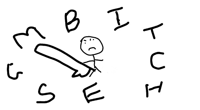 a drawing of a stick figure surrounded by the letters b i t c and e