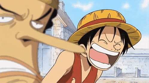monkey d luffy from one piece is smiling while a man with a long nose is laughing .