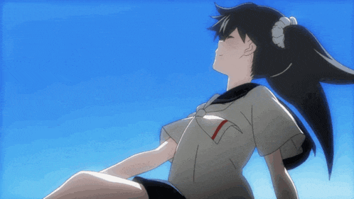 a girl with a ponytail is sitting in front of a blue sky with her eyes closed