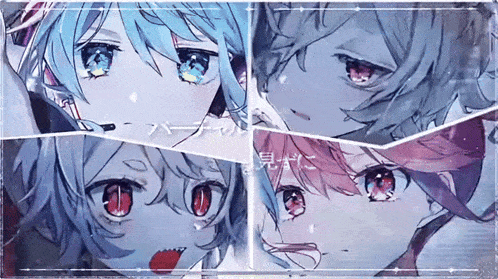 a collage of four anime characters with chinese writing on the bottom