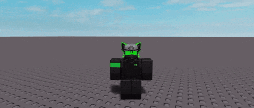 a cartoon character with a green head and black arms is standing on a tiled floor