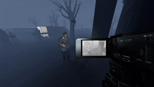 a video camera shows a man holding a gun in a foggy scene