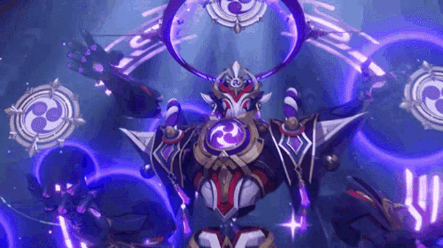 a video game character is surrounded by purple circles and purple lights .