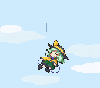 a pixel art drawing of a girl in a witch hat flying through the air