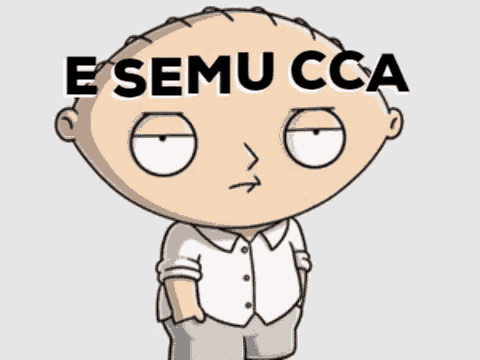 a cartoon character with the words e semu cca above him