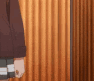 a person in a suit is standing in front of a brown curtain .