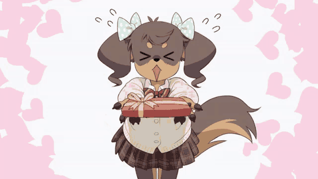 a cartoon of a girl holding a gift box with hearts in the background