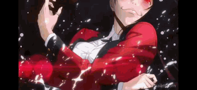 a girl in a red suit and tie is holding a red object .