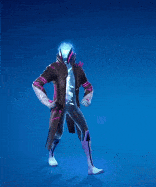 a video game character with a glowing head is standing on a blue background