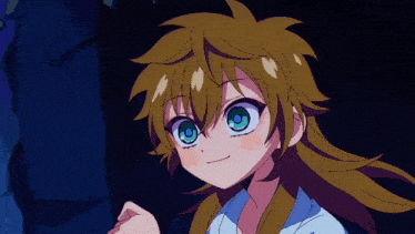 a girl with long hair and blue eyes is smiling in a dark room