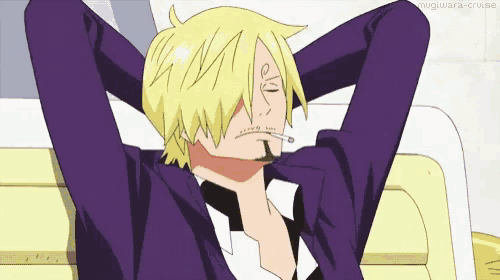 sanji from one piece is laying on a couch with his hands behind his head and a cigarette in his mouth .