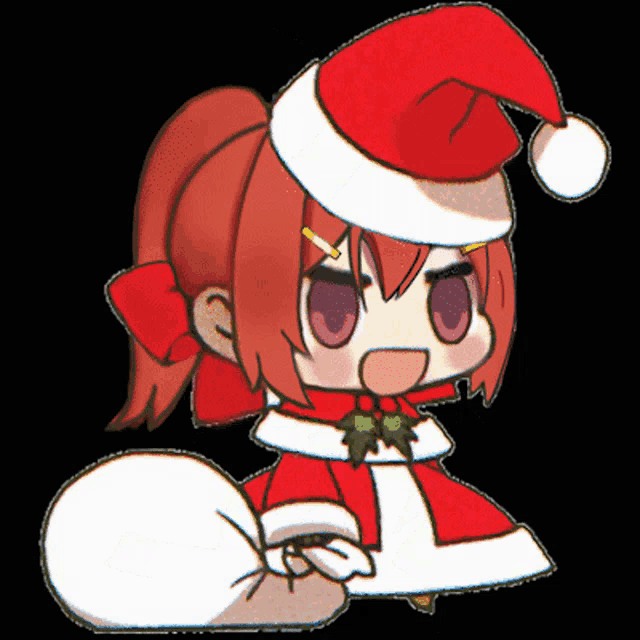 a cartoon girl wearing a santa hat and holding a bag of gifts