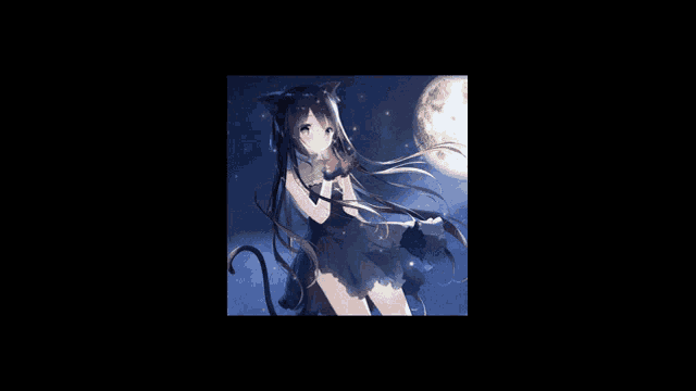 a girl in a black dress with cat ears is standing in front of a full moon