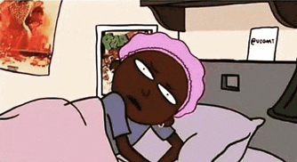 a cartoon of a person laying in bed with a sign that says @uigmt