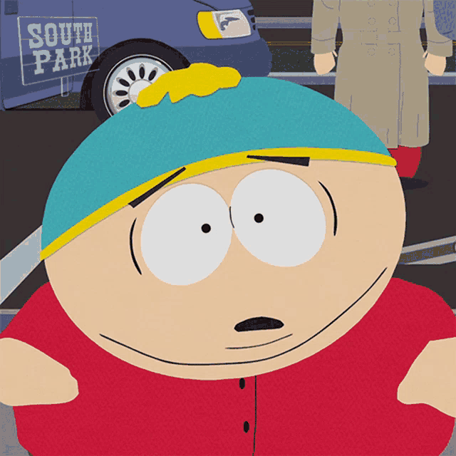 a cartoon character from south park stands in front of a sign that says south park