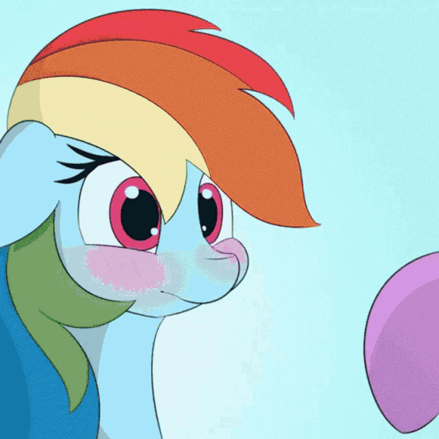 rainbow dash is looking at a pink balloon