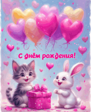 a greeting card with a cat and a rabbit with balloons and hearts