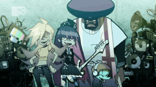 a group of cartoon characters are standing next to each other and one has a guitar in his hand