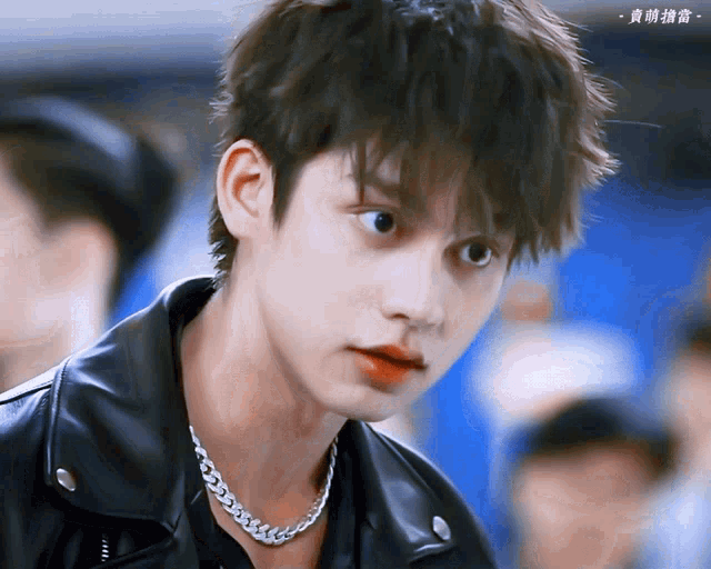 a close up of a person wearing a leather jacket and a necklace
