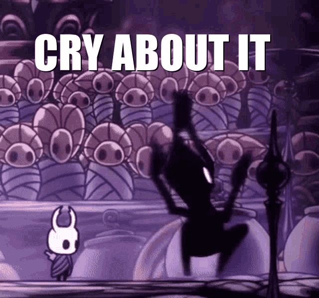 a cartoon character is standing in front of a crowd of bugs and the words `` cry about it '' are written on the bottom .