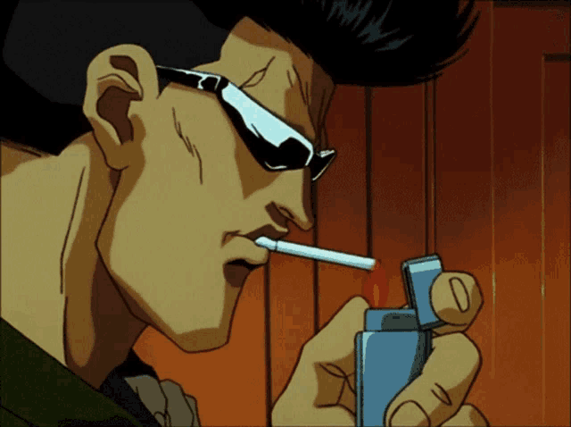 a man wearing sunglasses is lighting a cigarette with a blue lighter