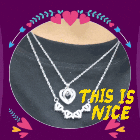 a picture of a person wearing a necklace with the words this is nice on it