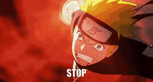 a close up of a cartoon character with the word stop written on the bottom .