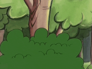 a group of cartoon characters are hiding behind a bush in a forest .