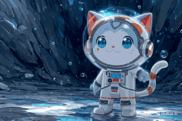 a cat in a space suit is standing in a cave