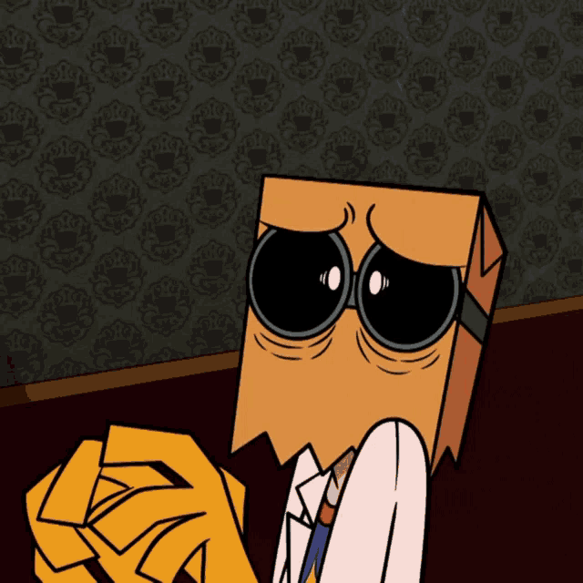 a cartoon character wearing sunglasses and a paper bag on his face