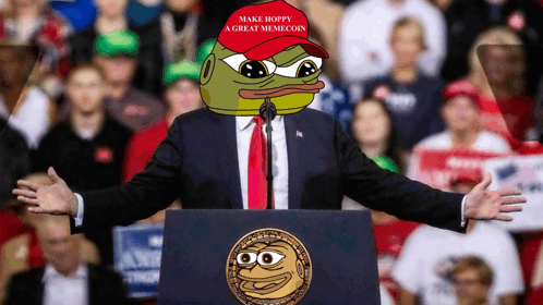 a man in a suit and tie stands at a podium with make hoppy a great meme coin written on it