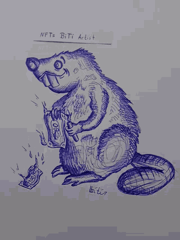 a drawing of a squirrel holding a bag of money with the words " nfts biti artist " on the bottom