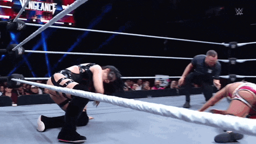 two women wrestling in a ring with a sign that says vengeance in the background