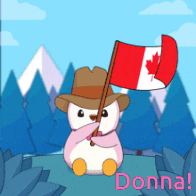 a penguin in a hat is holding a canadian flag and the word donna is below it