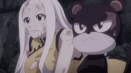 a girl with white hair stands next to a teddy bear
