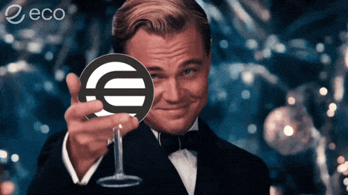 a man in a tuxedo is holding a wine glass with a euro sign in front of his eye
