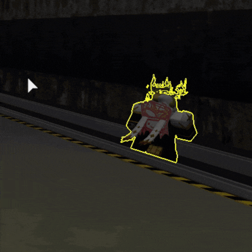a yellow outline of a person with a crown on their head is on a railroad track