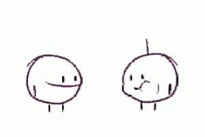 two stick figures are standing next to each other with a pink circle in the middle of them .