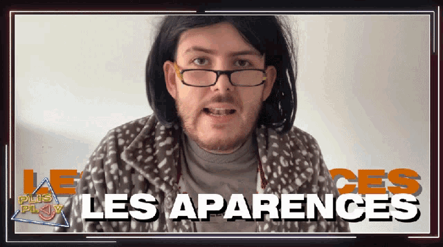 a man wearing glasses stands in front of a sign that says " les aparences "