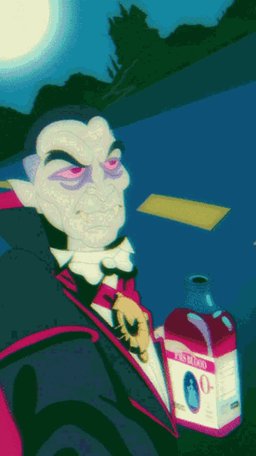 a cartoon of a vampire holding a bottle that says cas blood